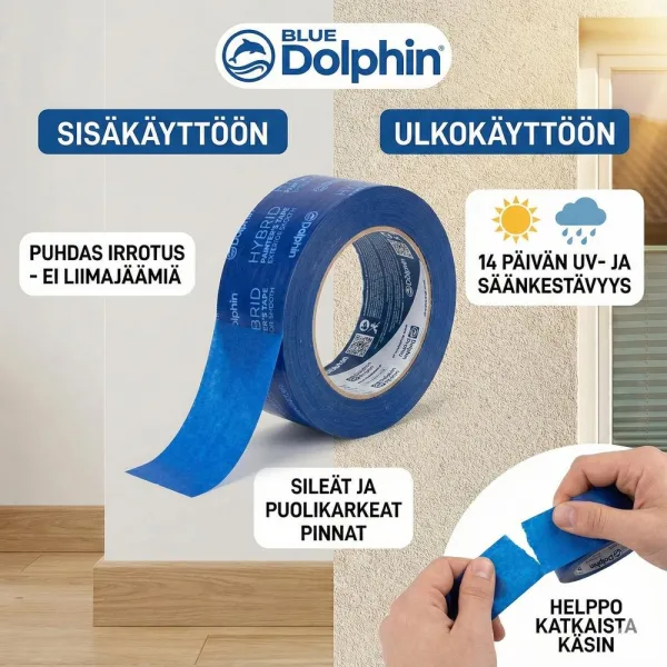Blue Dolphin Hybrid teippi 48 mm × 41 m säänkestävä 14PV Blue Dolphin Hybrid teippi 48 mm × 41 m säänkestävä 14PV mainoskuva