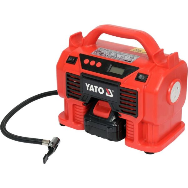 Yato Akkukompressori 18V 11 bar 3 Ah sarja Yato akkukompressori 11 bar 3 Ah akulla edestä
