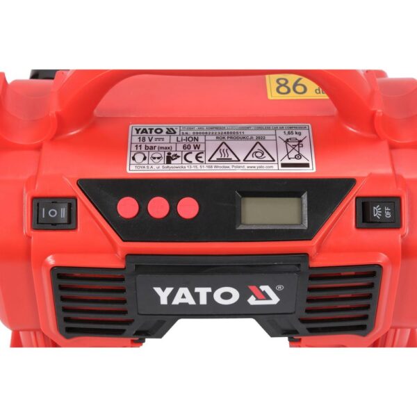 Yato Akkukompressori 18V 11 bar 3 Ah sarja Yato akkukompressori ohjauspaneeli ja LCD-näyttö