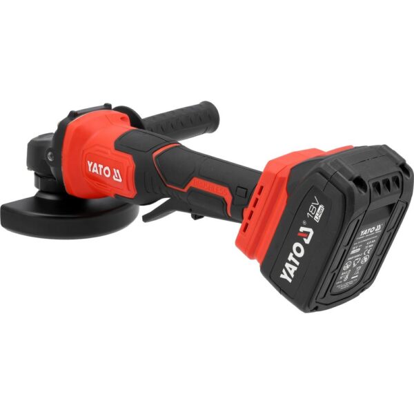 Yato Akkukulmahiomakone 18V 125 mm 3 nopeutta + 4Ah akku Yato akkukulmahiomakone 3 nopeutta 4 Ah – yläviistosta