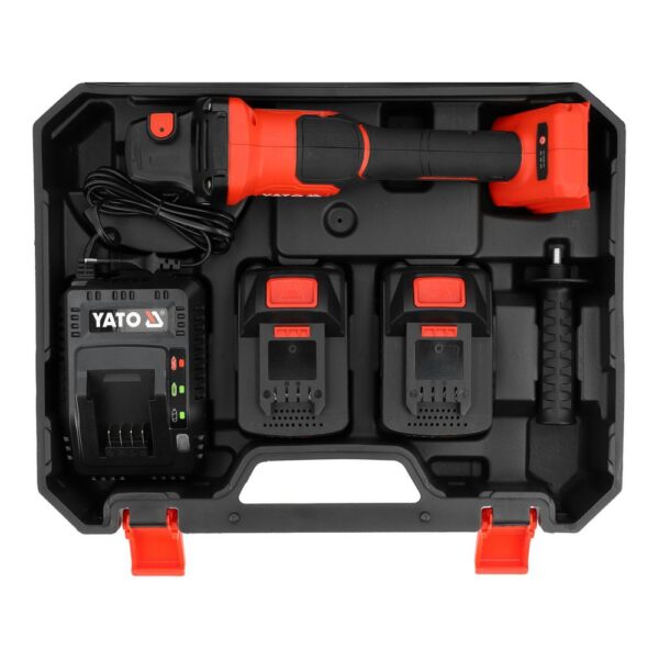 Yato Akkukulmahiomakone 18V 125 mm 3 nop. + 2x4Ah akku Yato akkukulmahiomakone 3 nopeutta 2x4 Ah – kantolaukussa laturin ja kahden akun kanssa