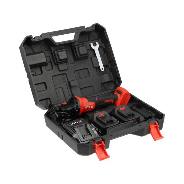 Yato Akkukulmahiomakone 18V 125 mm 3 nop. + 2x4Ah akku Yato akkukulmahiomakone 3 nopeutta 2x4 Ah – avattu kantolaukku