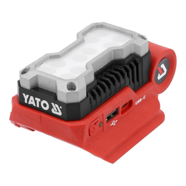 Yato Akkutyövalaisin 18V 500LM 5W Yato Akkutyövalaisin 18V 500LM 5W edestä, USB-liitännät