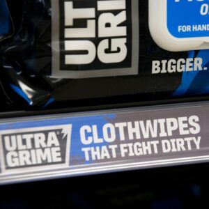 UltraGrime hyllyetiketti hyllyn reunalistassa